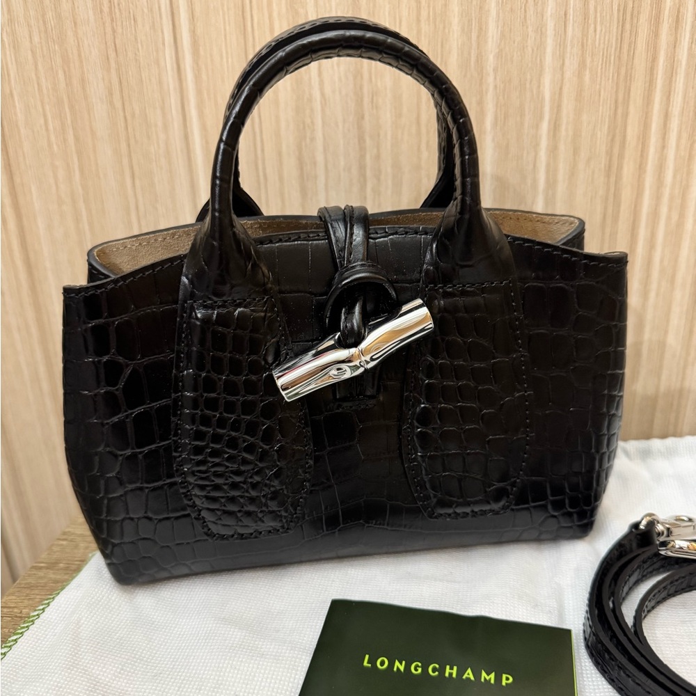 Longchamp Roseau Black Croc Embossed Top Handle Crossbody Bag